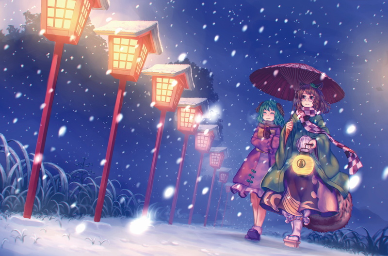 4K, motion, adult, street, nature, clothing, illuminated, christmas, standing, two people, city, cold temperature, lighting equipment, people, snowing