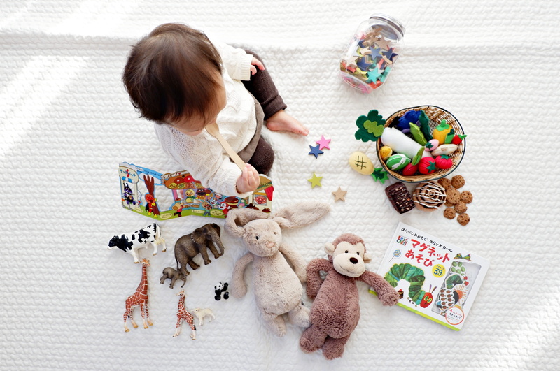 indoors, innocence, family, representation, high angle view, mammal, girls, child, baby, women, surrounded, lifestyles, teddy bear, people, 5K, playing