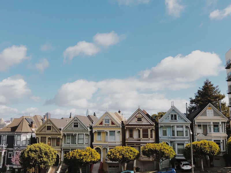 urban, united states, town, nature, outdoors, transportation, residential district, houses, architecture, window, housing, house, roof, car, day, alamo square park