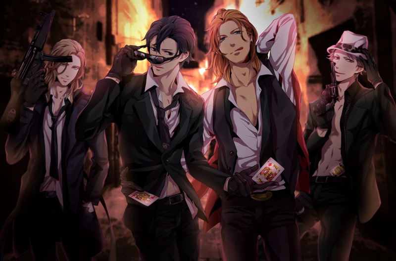 moge hera, gun, blue, sunglasses, blonde, hat, group, gray, male, weapon, prince sama, hair, gloves, eyes, short, suit, camus, tie, black, shirt, long