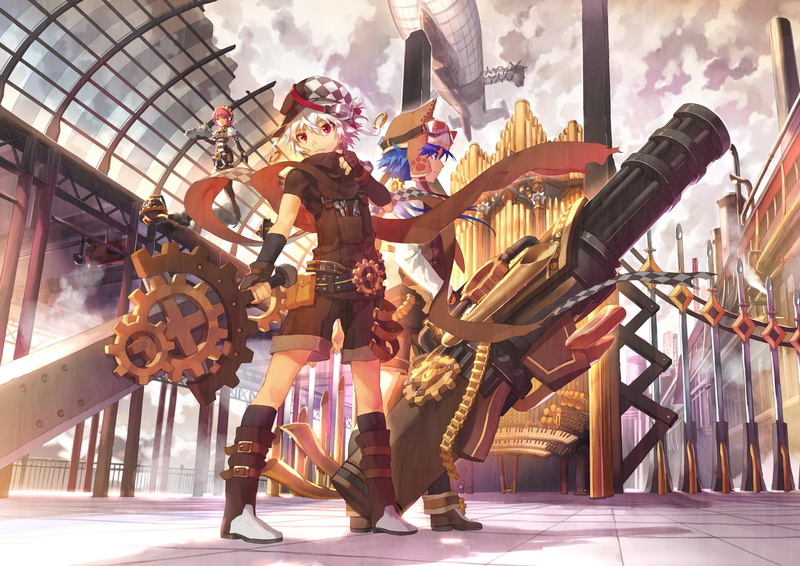 720P, eyes, pink, elbow, blue, gun, elsword, headband, short, boots, hair, scorpion5050, weapon, gloves, hat, shorts, building, white, goggles, male