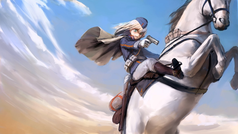 konachan, 1080P, hair, com, blonde, gloves, sky, treeware, weapon, gun, green, clouds, 262263, hat, eyes, boots, horse, animal, cape, long