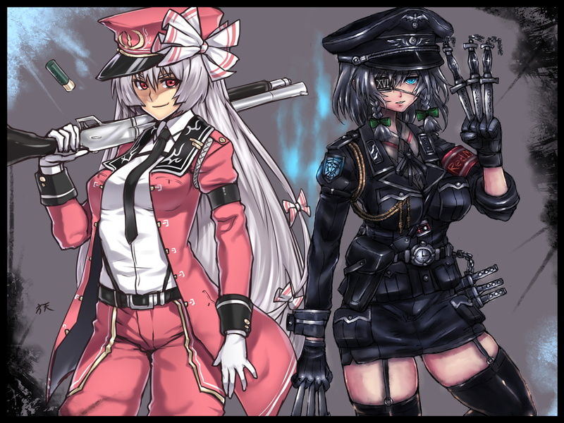 eyepatch, hat, knife, white, izayoi, 1080P, houtengeki, braids, tie, blue, weapon, red, uniform, girls, thighhighs, touhou, panzer, gloves, hair, eyes
