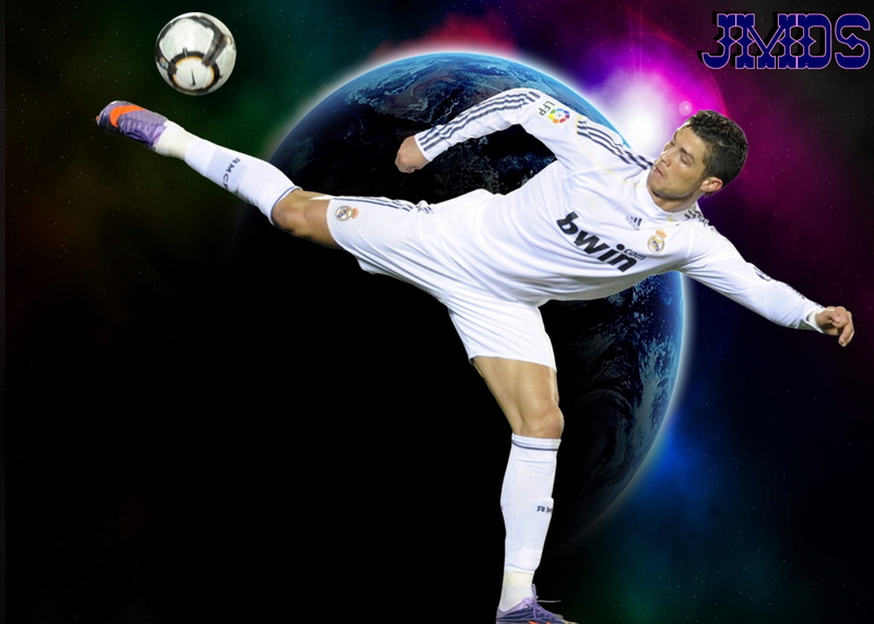 playing, clothing, 1080P, cr7  images pictures, studio shot, motion, soccer ball, digital composite, indoors, black background, young men, soccer, team sport