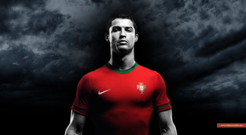soccer, neck, looking at camera, standing, black background, portrait, cr, red, waist up, men, sport, cristiano ronaldo, sportsman, young adult, one person