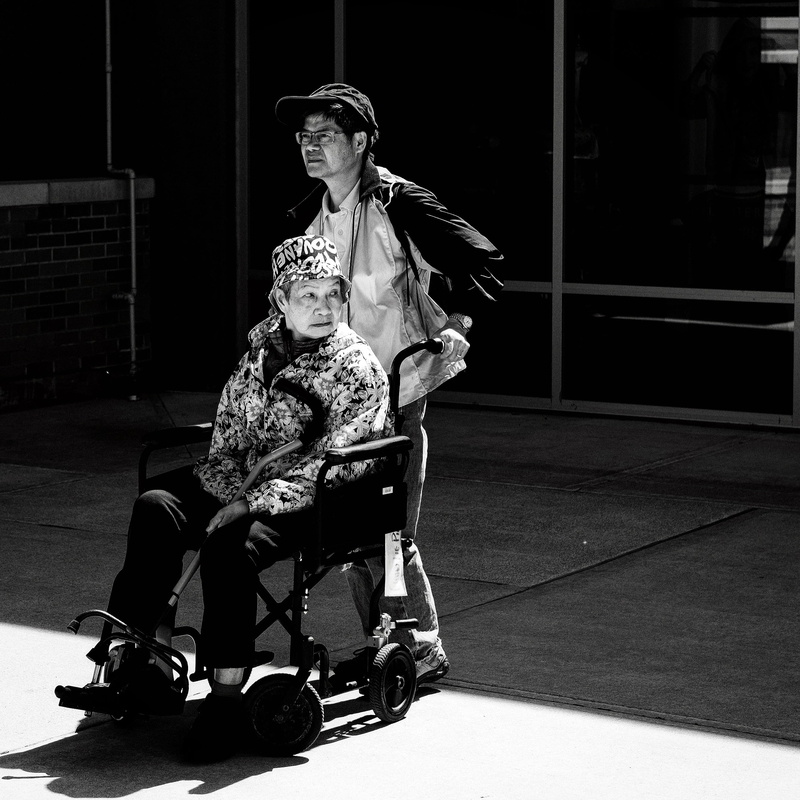 transportation, adults only, black And White, scale, sitting, gray, mode of transportation, leisure activity, pushing, woman, men, day, people, grayscale