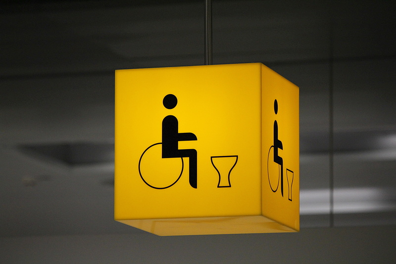 directional sign, hanging, disabled access, communication, representation, wheelchair, restroom sign, disabled toilet, information symbol, 5K, warning symbol