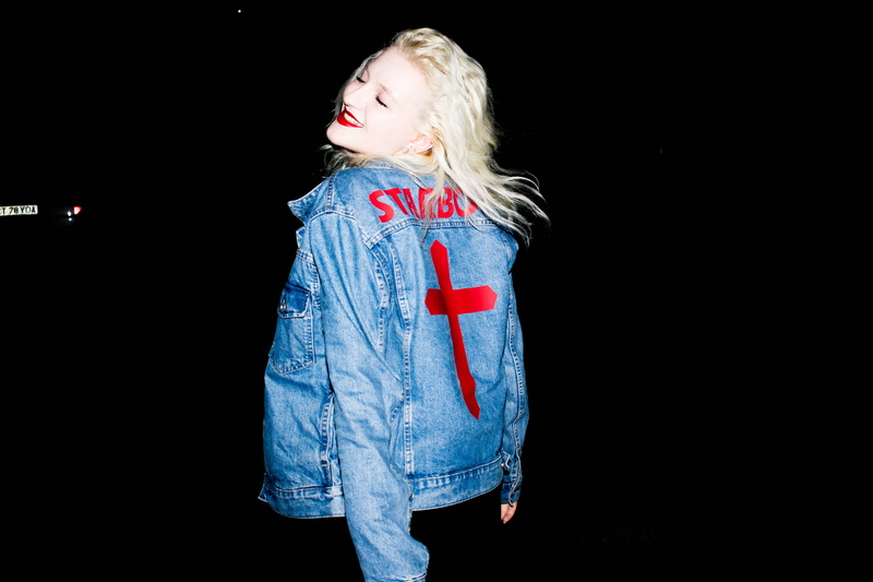 studio shot, blond hair, person, hair, fashion, girls, innocence, facial expression, studio, denim jacket, woman, picture, portrait, casual clothing, front view