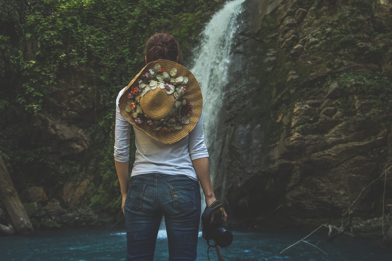 outdoors, rock, rock - object, lady, scenics - nature, young adult, one person, travel, camera, hiking, nature, woman, waterfalls, water, hat, day, leisure activity