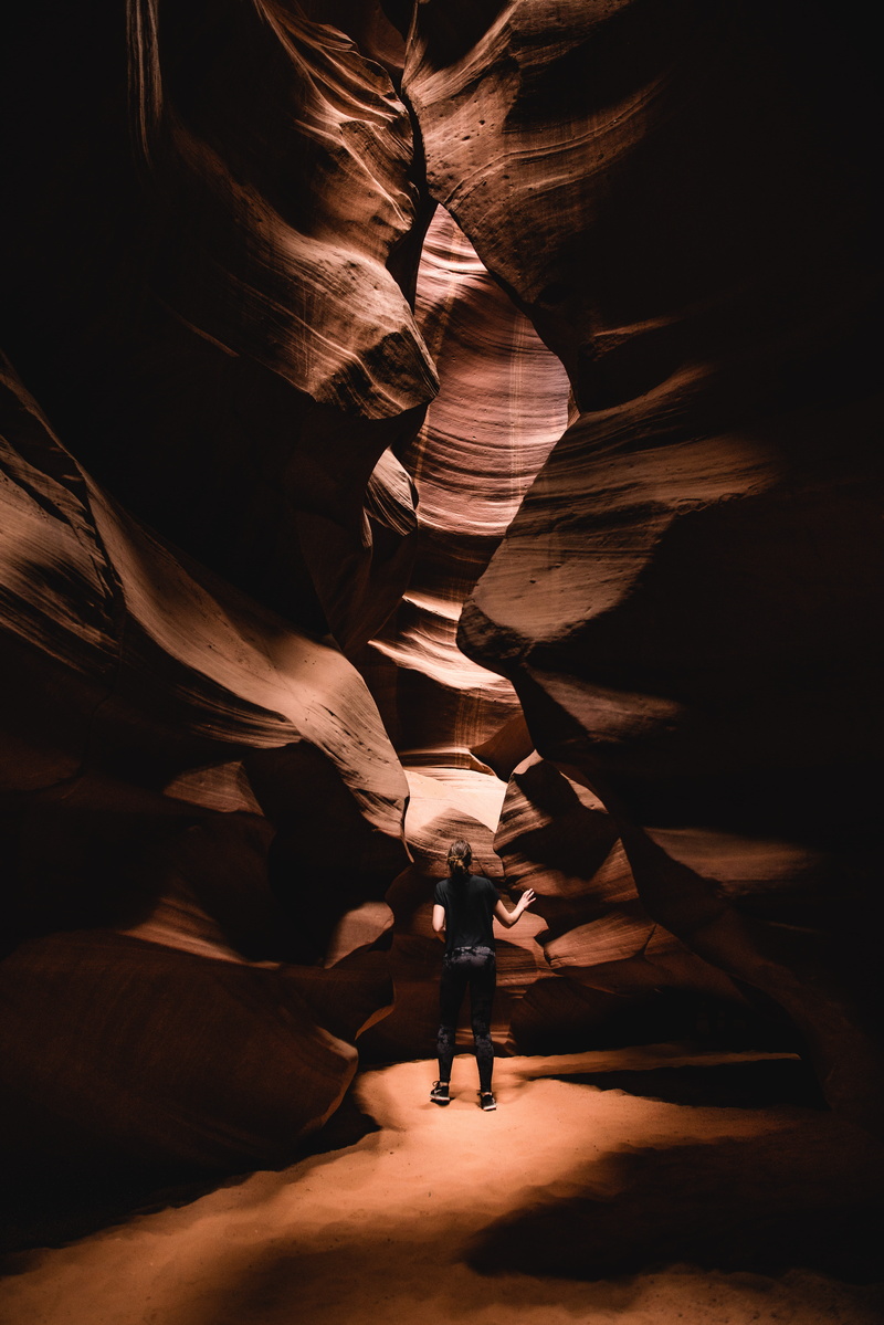 travel destinations, arizona, 8K, adventure, women, rocks, solid, inside, antelope canyon, eroded, contrast, landmark, rock, tourism, canyon, light, red rock