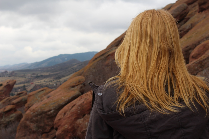 socality, person, red head, blonde, thinking, woman, hiking, long hair, people, mountain range, morning, red rocks, teenager, back, women, one Person, landscape