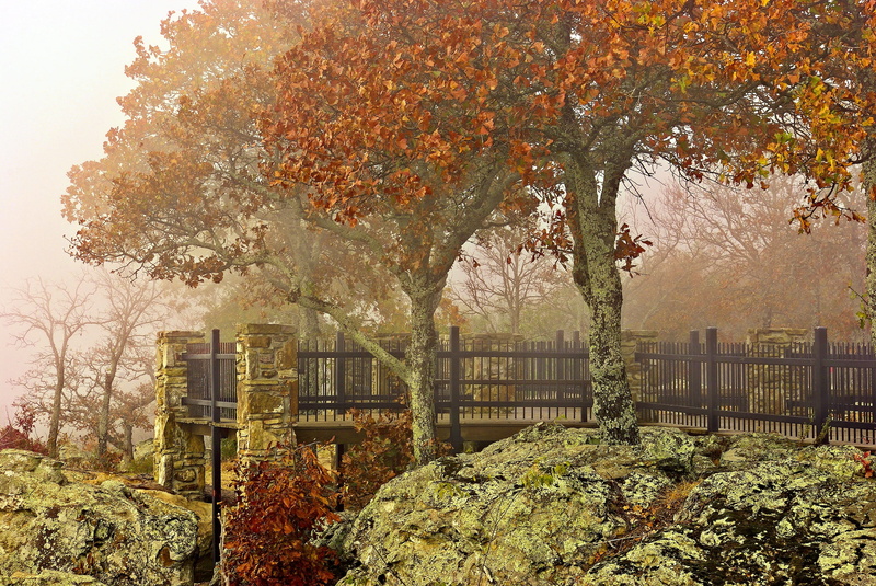 fall, 2K, growth, walk, architecture, outdoors, arkansas, autumn, railing, fog, building exterior, scenery, hiking, fence, trail, haze, beauty in nature