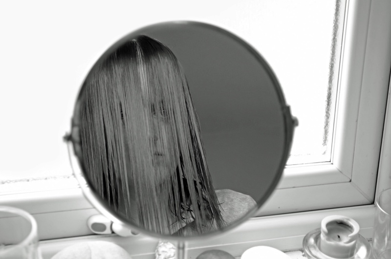 face, black, portrait, looking, near, nature, mirror, domestic room, indoors, female, girl, technology, no people, dissatisfaction, white, bathroom, woman