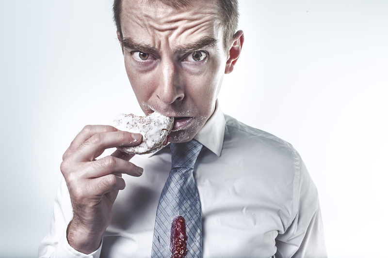 2K, tie, pose, cookies, eating, hand, powdered sugar, dissatisfaction, male, soiled, slob, white background, look, jam, shirt