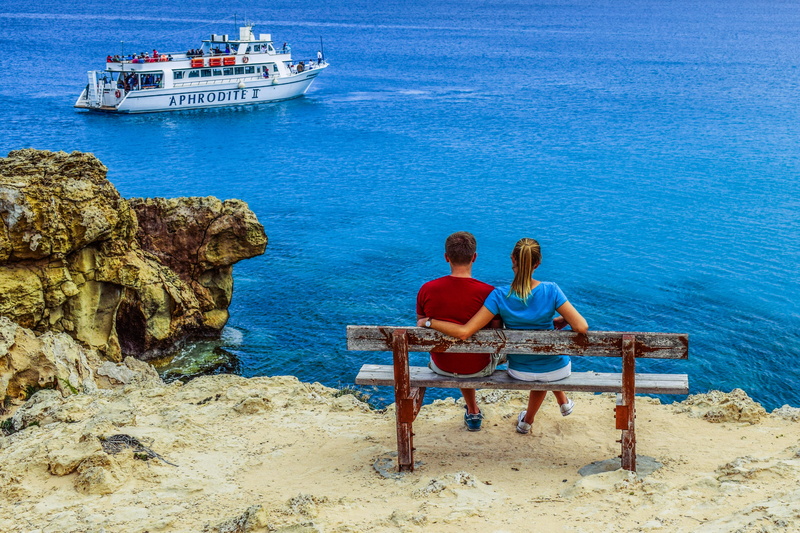 men, blue, land, boy, leisure activity, tourism, couple, adult, vacation, women, transportation, brown, rear view, boat, view, bench, beach, cyprus, togetherness