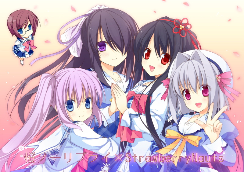 petals, purple, eyes, group, hair, sakura, pink, reply, blue, yatsuka, red, seifuku, crossover, saejima, itsuki, momo, onomatope, 720P