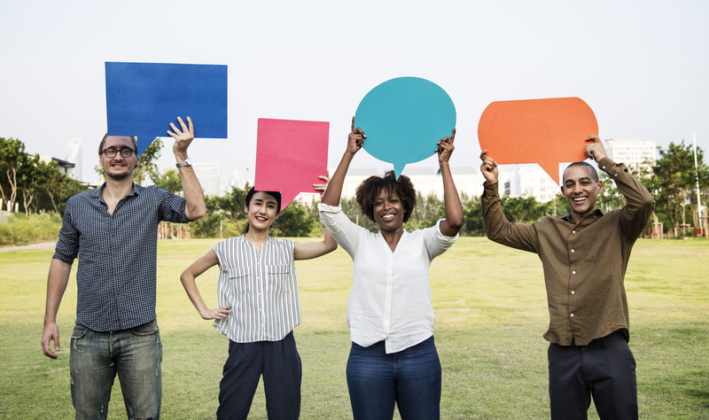 smiling, man, speech bubble, green, men, community, opinion, reply, body part, grass, friends, portrait, communication, arms raised, sharing, adult, group of people