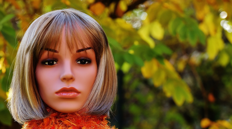dreamy, wig head, hairstyle, beautiful woman, human hair, romantic, front view, outdoors, people, doll, hair, looking at camera, young, one person, pretty