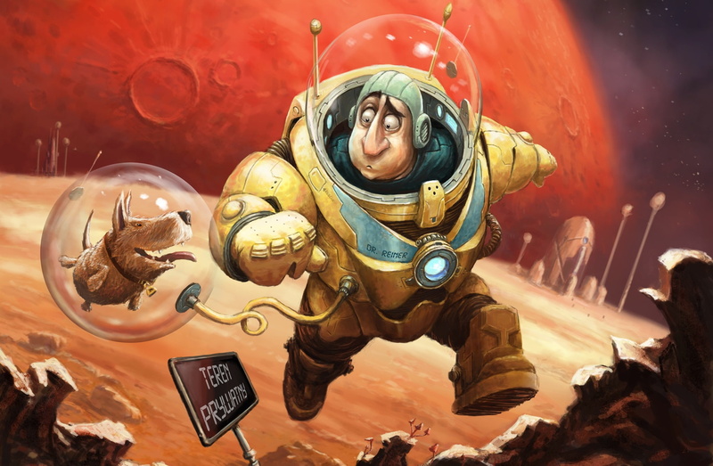 planet, fragment, Illustrator, astronaut, Expedition to Mars - cover art, dog, 1080P, art, As Tomek, fiction