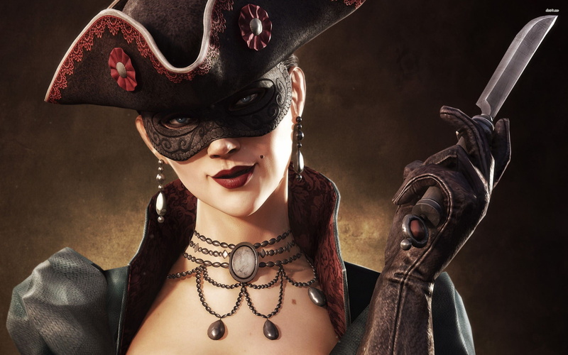 women, mask, knife, clothing, holding, 2K, looking at camera, evil, beauty, Assassins Creed, beautiful woman, fashion, make-up, celebration, carnival - celebration event