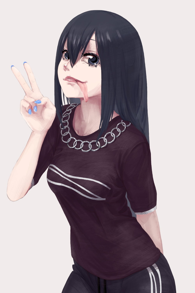 anime girls, black eyes, tongue out, Boku no Hero Academia, simple background, black hair, 720P, long hair, Tsuyu Asui, peace sign