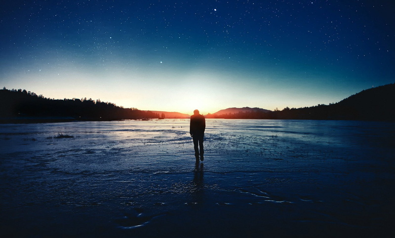 rear view, sky, astronomy, space, space and astronomy, full length, star - space, nature, ice, water, silhouette, night, star field, cold temperature, sunlight