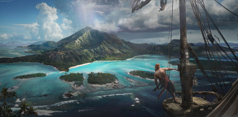 artwork, digital art, ship, island, illustration, pirates, sea, 1080P