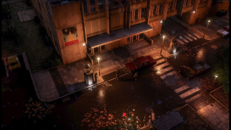 screenshot, motor vehicle, high angle view, reflection, 4K, transportation, no people, rain, land vehicle, 4K, wet, city, rainy season, road, architecture