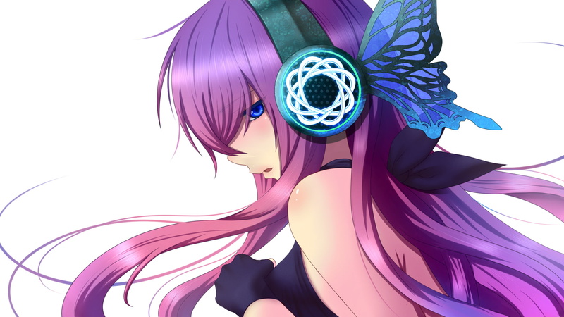 butterfly, wings, Vocaloid, art, girl, magnet, daburu, megurine luka, 1080P, headphones