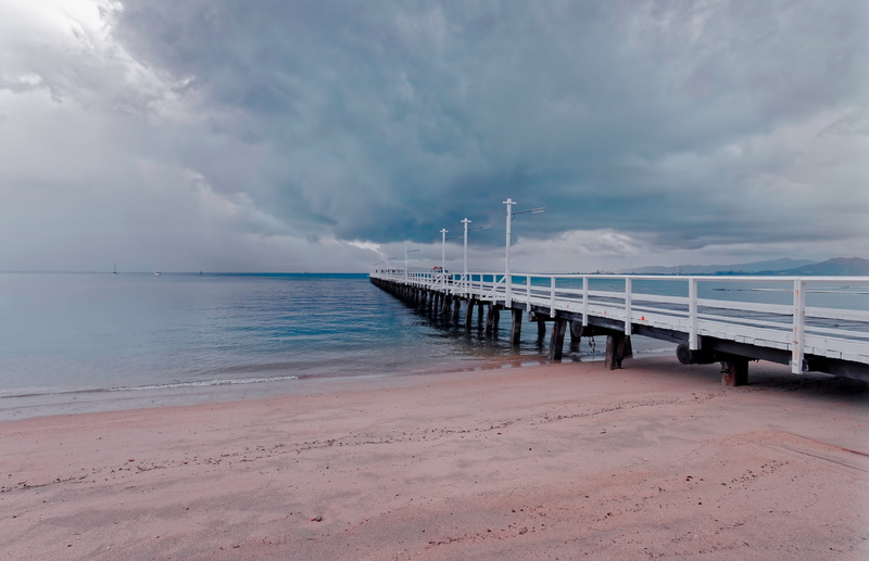 picnic bay, rainy day, horizon, sea, day, outdoors, land, built structure, sand, pier, scenics - nature, magnetic island, nature, 4K, sky, water, horizon over water