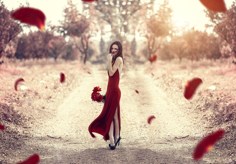 red petals, wind, Alessandro Di Cicco, rose, dress, women, roses, high heels, summer, red clothing, 1080P, flowers, petals, field, dark hair, long hair