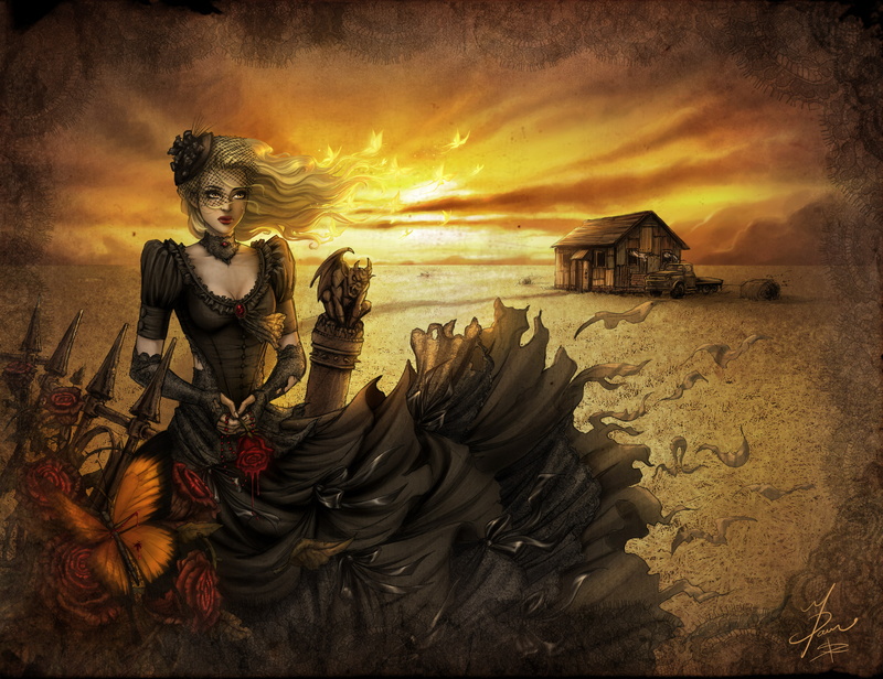 hat, girl, black dress, the fence, sunset, house, the wind, rose, 4K, art