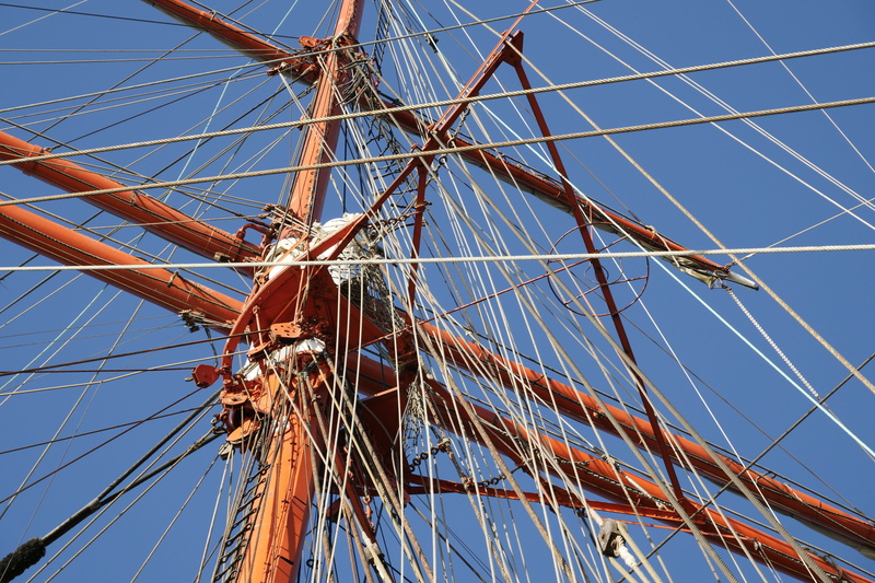 directly below, pole, sail training ship sedov, day, sailboat, sailing mast, outdoors, no people, shipping, ship, clear sky, nautical vessel, canvas, sailing vessel