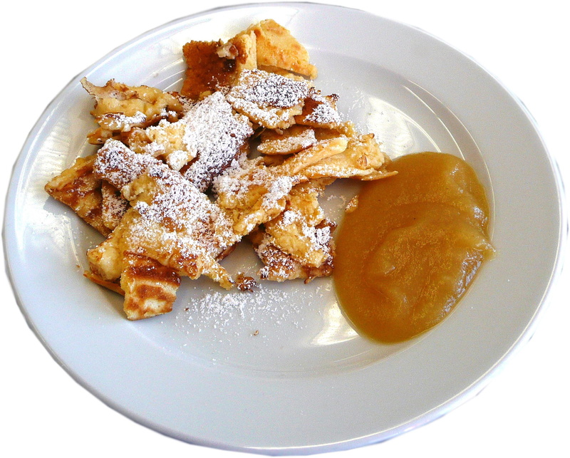 Sweet, 1080P, crockery, Pancake, indoors, no people, powdered sugar, directly above, ready-to-eat, applesauce, Kaiserschmarrn, calorie bomb, food and drink