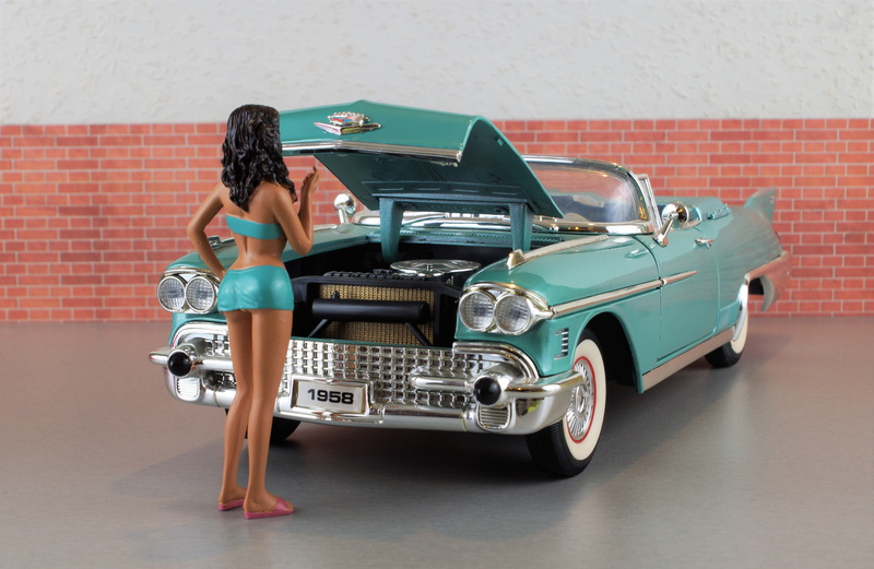 toy car, transportation, car, brick, adult, fashion, diorama, auto, looking, cadillac eldorado, old, at a loss, beautiful woman, holding, clothing, hairstyle