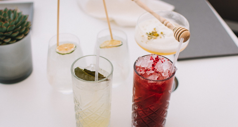 five, refreshment, juice, household equipment, liquor, high angle view, pottery, liquid, potted plant, close-up, berry fruit, garnish, no people, table