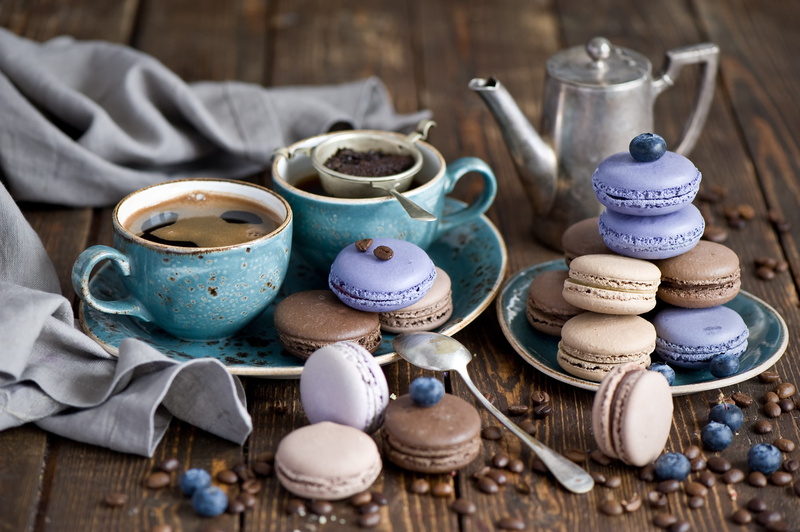 Cup, blueberries, coffee, grain, dessert, sweets, cookies, set, still life, glaze, 1080P, strainer, Anna Verdina, berries, macaron