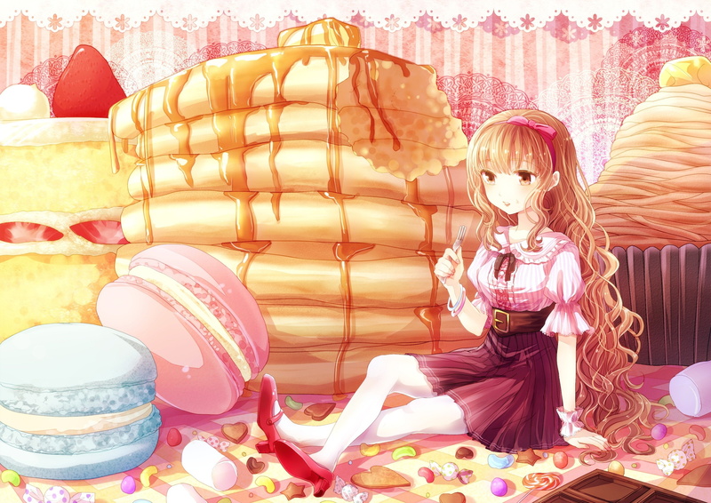 hoop, caramel, sweets, dress, hair, cookies, girl, fork, strawberry, 2K, fruit, bow, long, art, beautiful