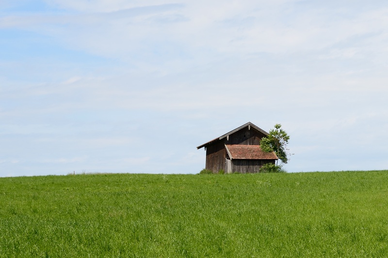 farm, barn, scale, summer, grass, surrounded, log cabin, cloud - sky, cloudy, field barn, green color, chiemgau, no people, built structure, environment