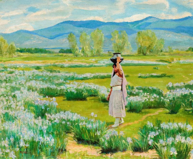 2K, Bert Geer Phillips, or Daughter of the Water Clan, flowers, The Water Carrier, pitcher, Taos Pueblo