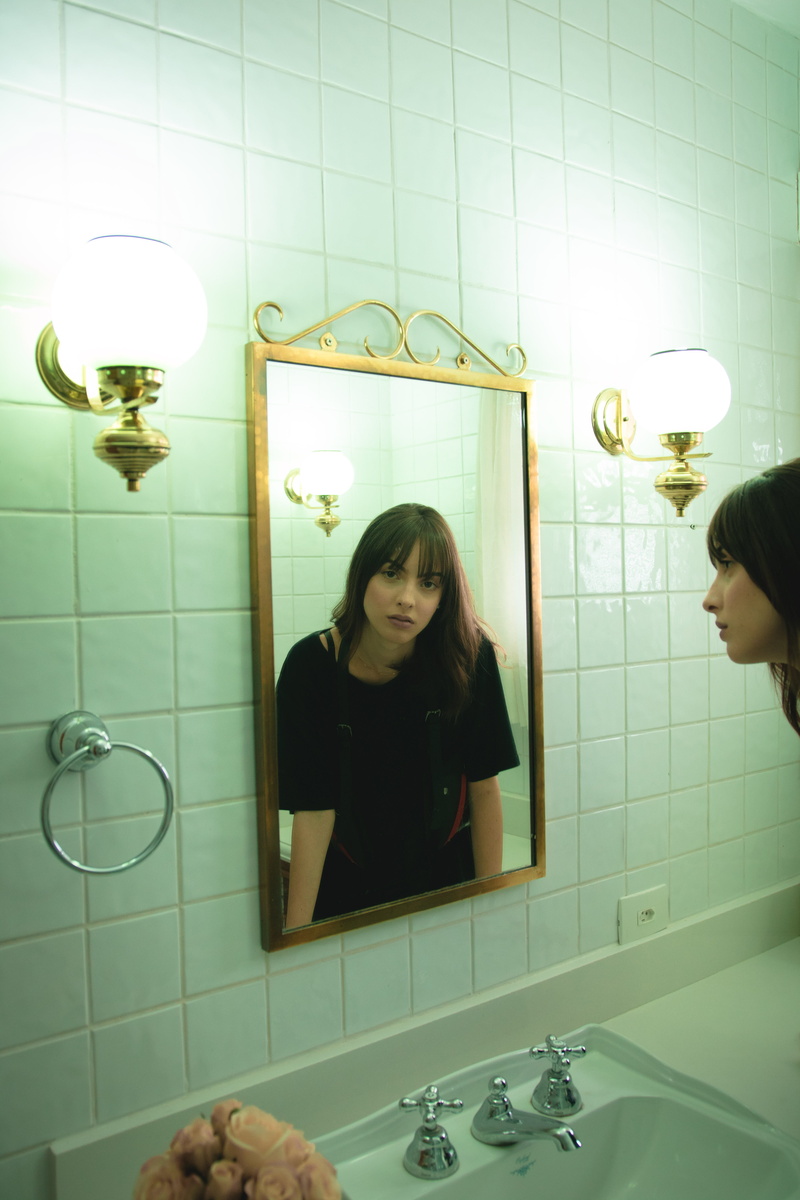 indoors, lifestyles, staring, home, domestic bathroom, domestic room, women, flooring, 5K, wall, mirror, reflection, portrait, standing, faucet, illuminated