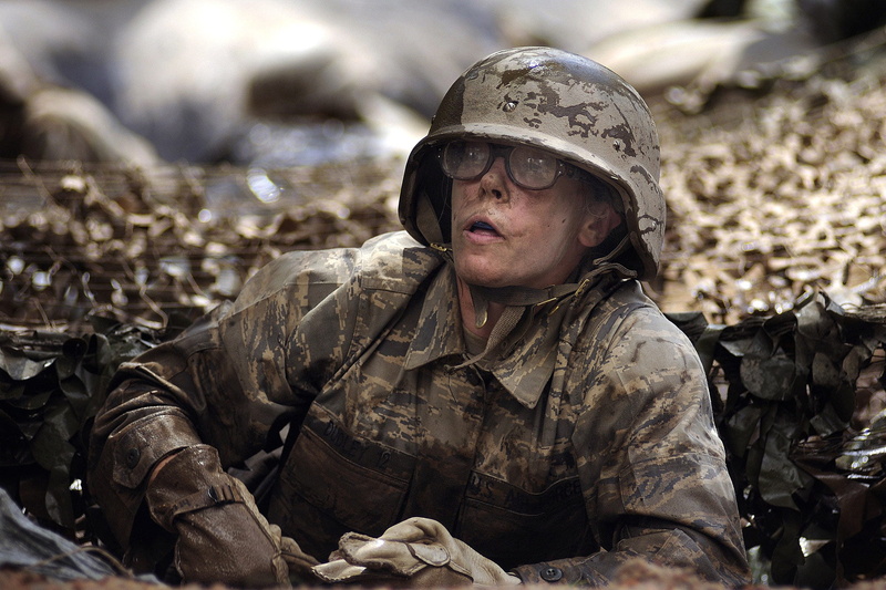 soldier, work helmet, clothing, 1080P, female, adult, wet, close-up, frames, military uniform, tough, eyeglasses, camouflage clothing, rigorous, government