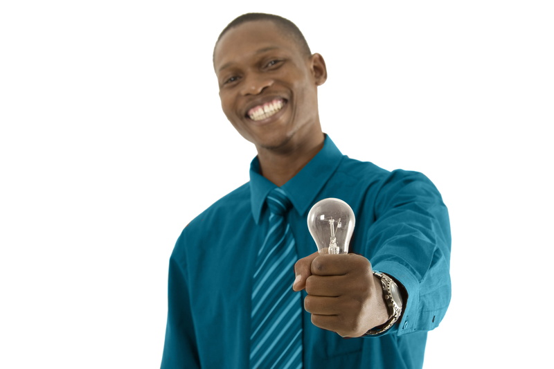 cheerful, thinking, business, person, african, emotion, cut out, indoors, happiness, light bulg, 4K, positive emotion, front view, one person, idea, waist up