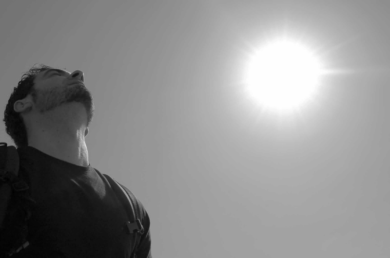 sky, peaceful, carrying, stillness, looking, portrait, excursion, clear sky, backpack, lens flare, people, shirt, one person, t, photo, wearing, headshot