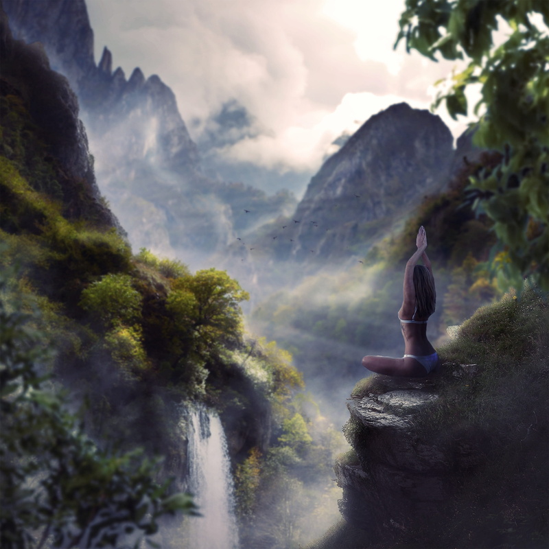 nature, tranquil scene, ambiant, leisure activity, girl, women, sky, day, rock - object, solid, yoga, wilderness, relax, mood, fog, rock, water, beauty in nature