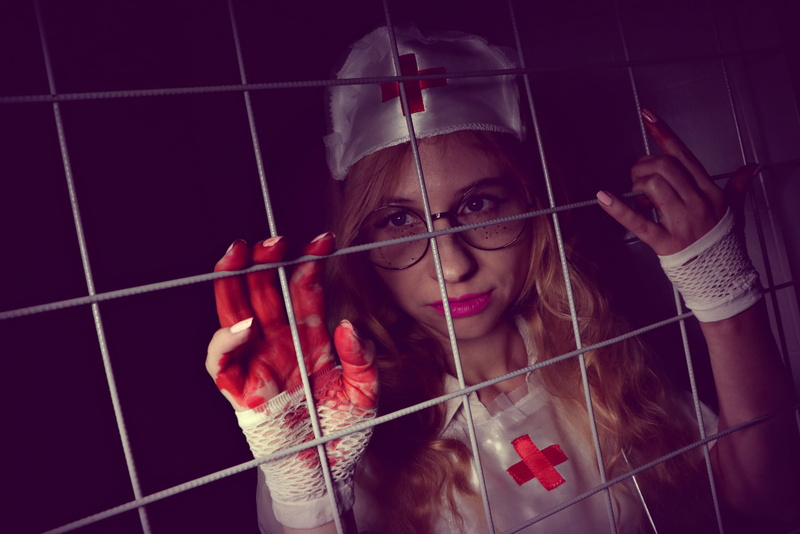 laboratory, front view, treatment, violence, young women, operation, hair, hospital, black background, red, a patient, disease, looking at camera, adult