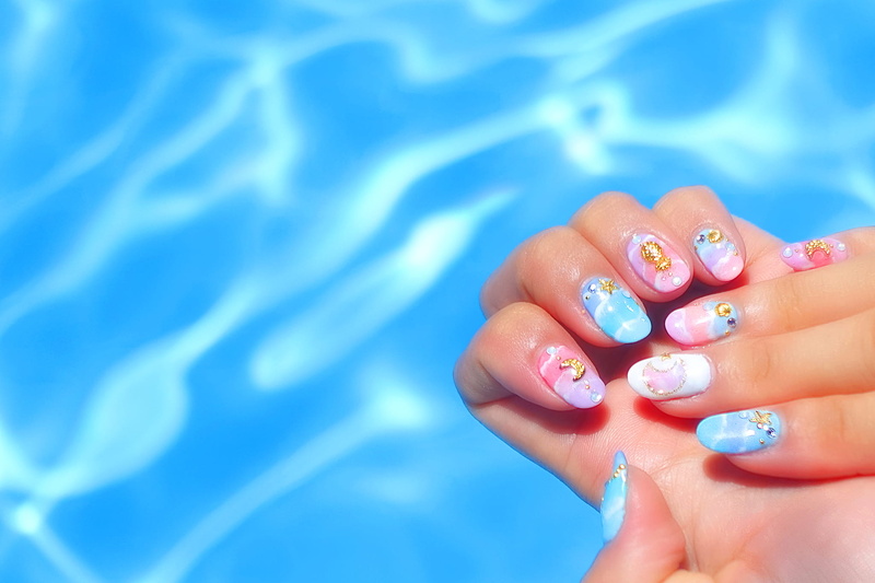 water, nail, relaxation, human body part, nature, beauty, 1080P, human Hand, people, nail art, fingernail, females, nail polish, women, one person, blue
