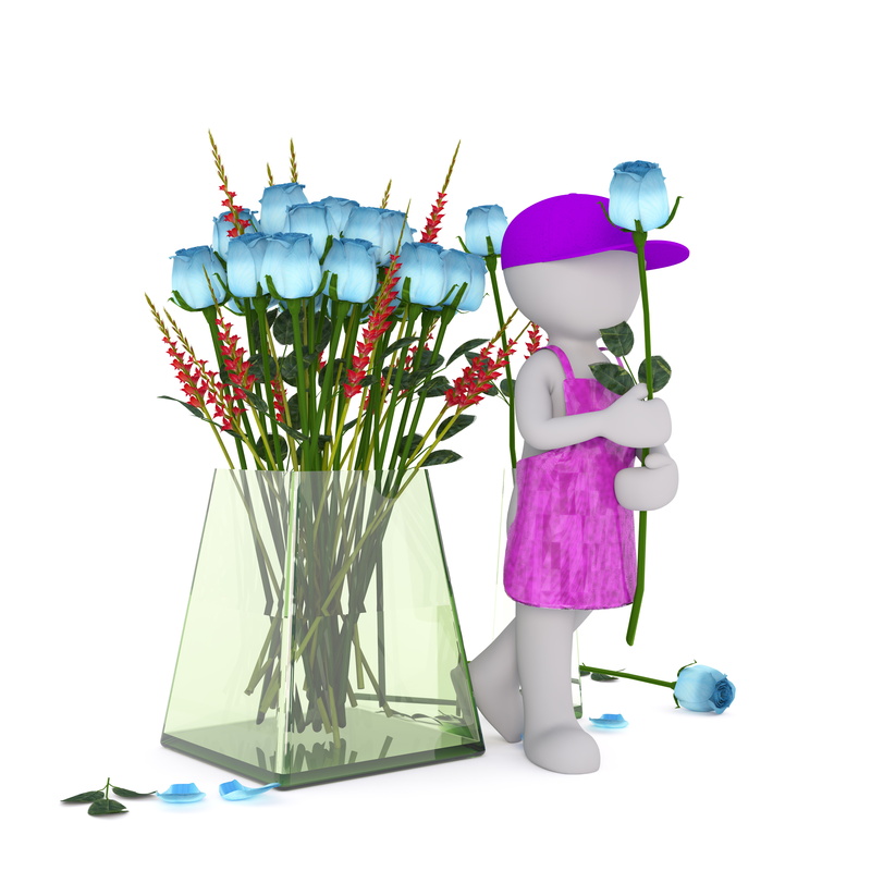 holding, flower, flower head, market stall, flowers for sale, florist, model, blue, nature, hairstyle, apron, cut out, still life, studio shot, flowering plant