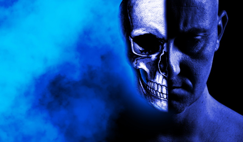 human body part, body paint, men, horror, one person, fear, celebration, evil, adult, man, body part, human face, spooky, blue smoke, dark, smoke, aggression