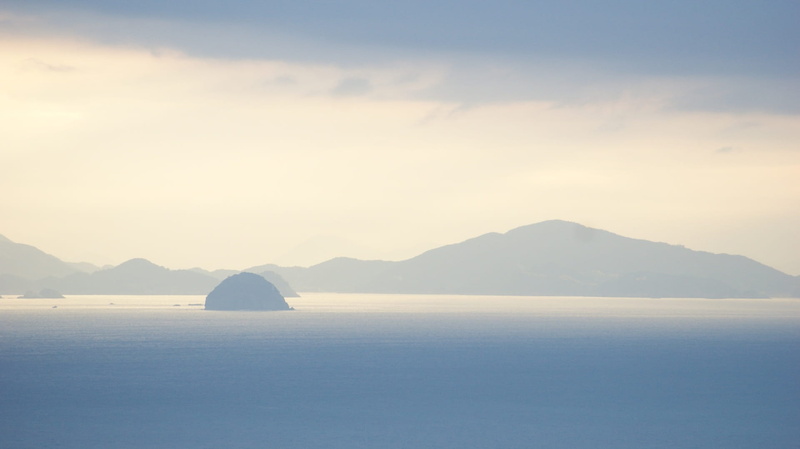 scenics - nature, tranquility, ocean, illustration, scenics, temple, view, copy space, mountain, geoje, vacation, beauty in nature, tranquil scene, water